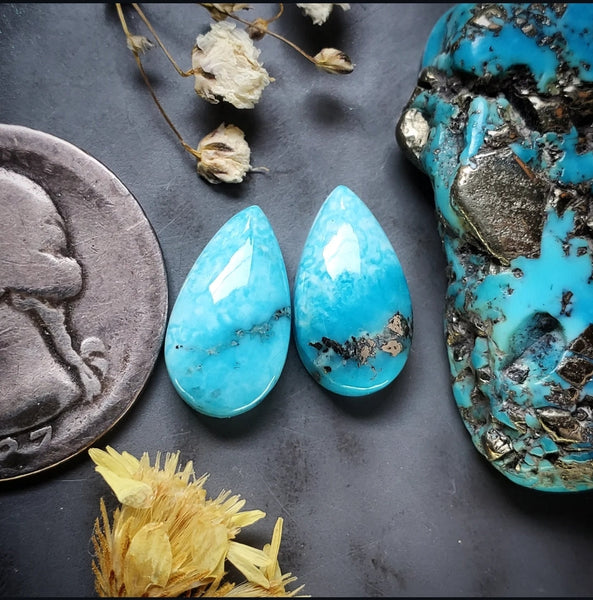 P. Blue Turquoise Tiny Drop Earring Pair Cabochon