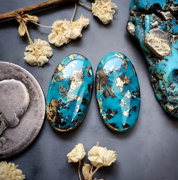 P. Blue Turquoise Oval Earring Pair Cabochon