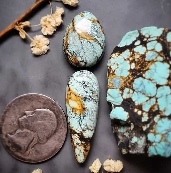 Natural Qingu Turquoise Drop Set Cabochon