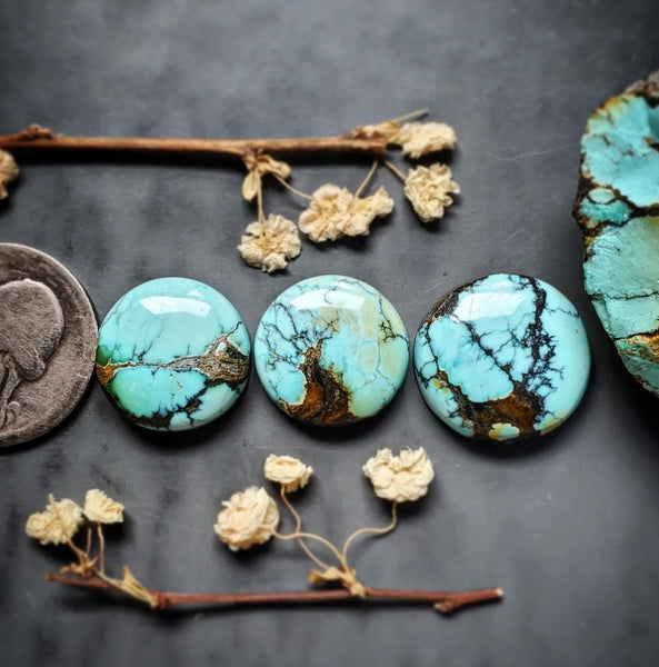 Natural Qingu Turquoise Round Set Cabochon