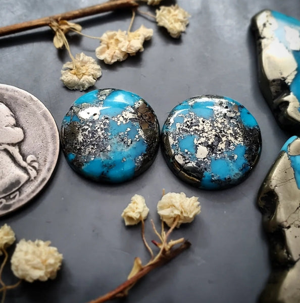 P. Blue Turquoise Round Earring Pair Cabochon