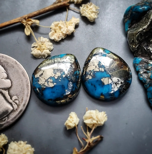 P. Blue Turquoise Drop Earring Pair Cabochon