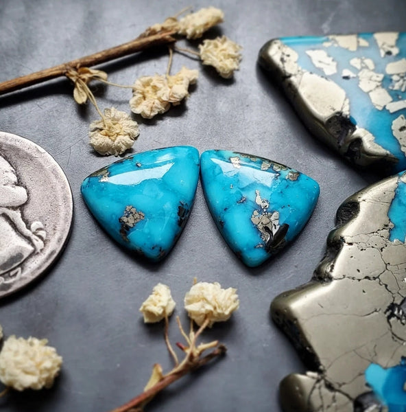 P. Blue Turquoise Trillion Earring Pair Cabochon