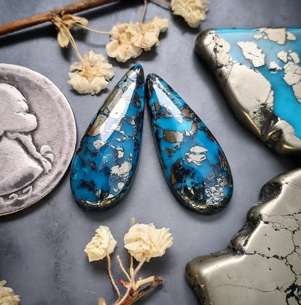 P. Blue Turquoise Drop Earring Pair Cabochon