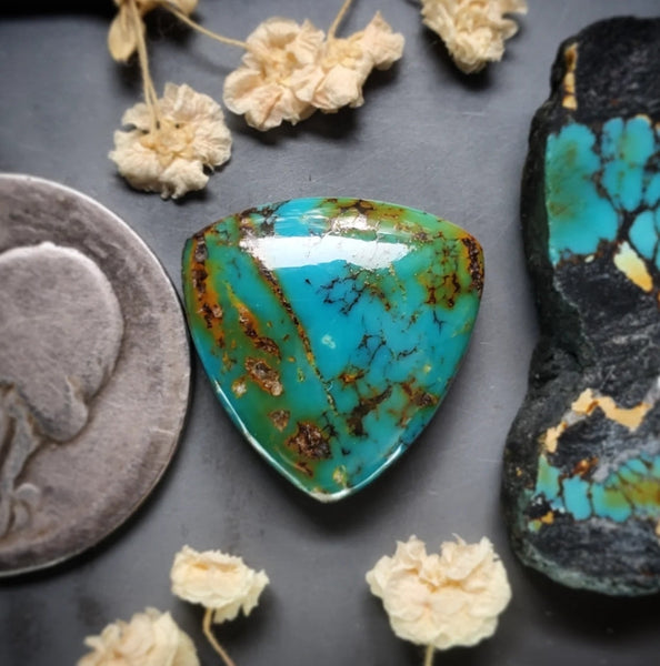 Polychrome Spiderweb Drop Qingu Turquoise Cabochon