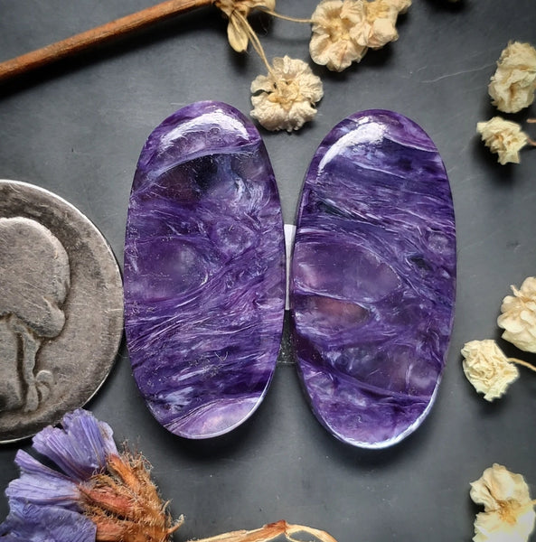 Charoite Oval Earring Pair Cabochon