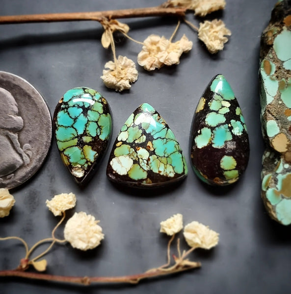 Gold Halo Qingu Turquoise Drop Set Cabochon