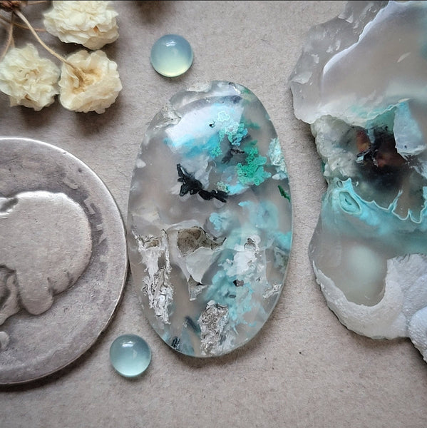 Sugar Water Flower Agate Oval w/ Druzy Cabochon