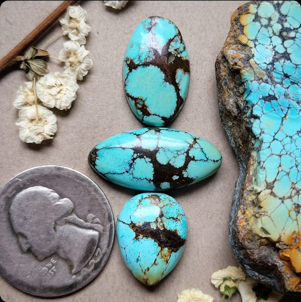 Natural Polychrome Turquoise Marquise Oval Drop Set Cabochon